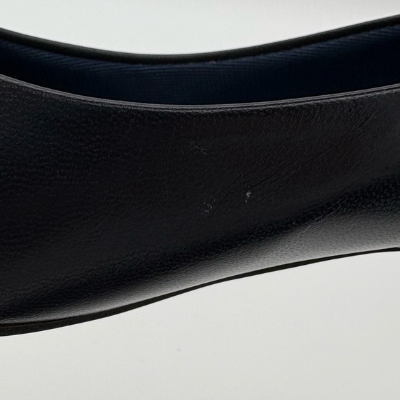 Joyce Vintage Dark Navy Kidskin Leather Pointed Toe Heels with Gold Toe Accent - Picture 14 of 15